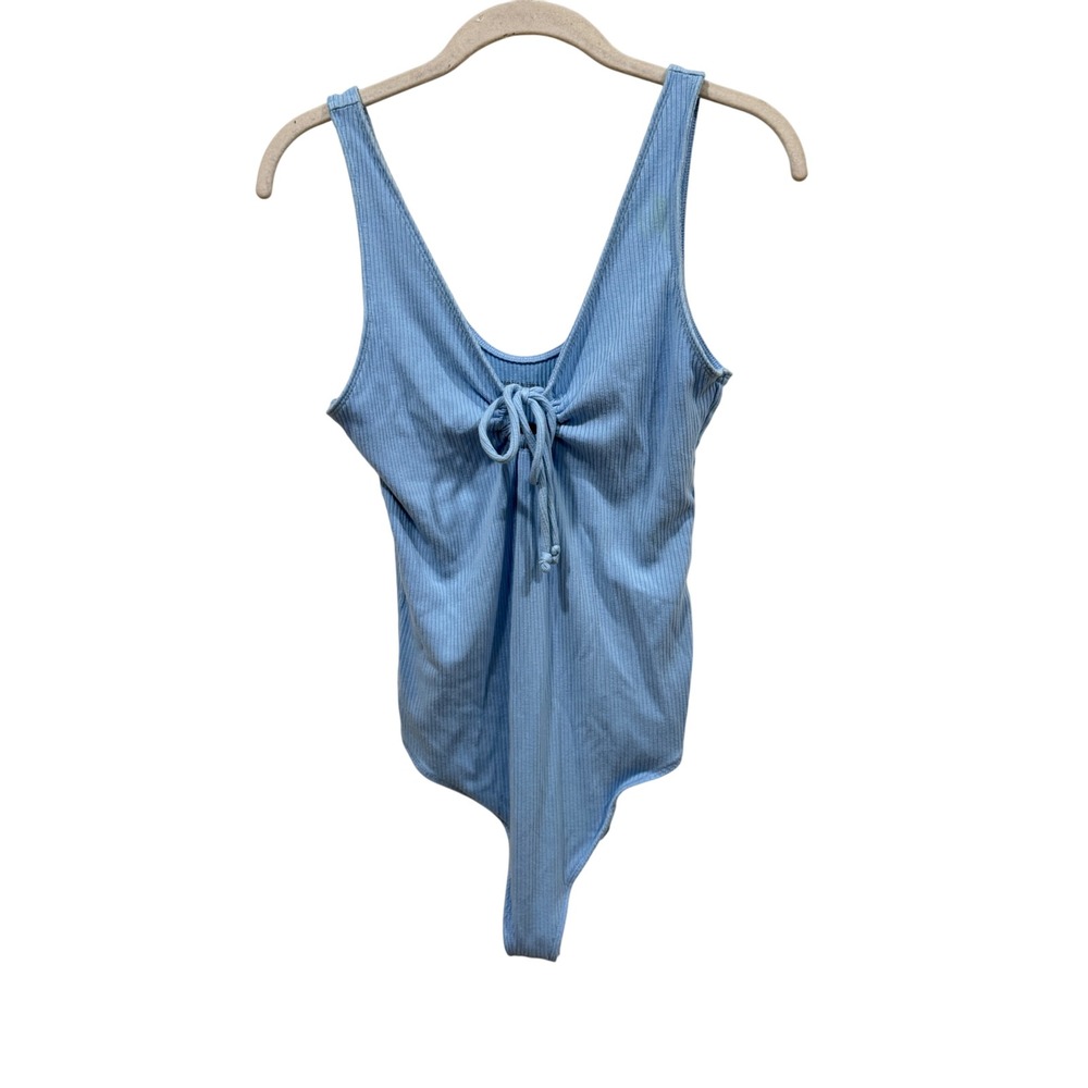 Abercrombie & Fitch Light Blue Ribbed Tie Front V-Neck Bodysuit Medium